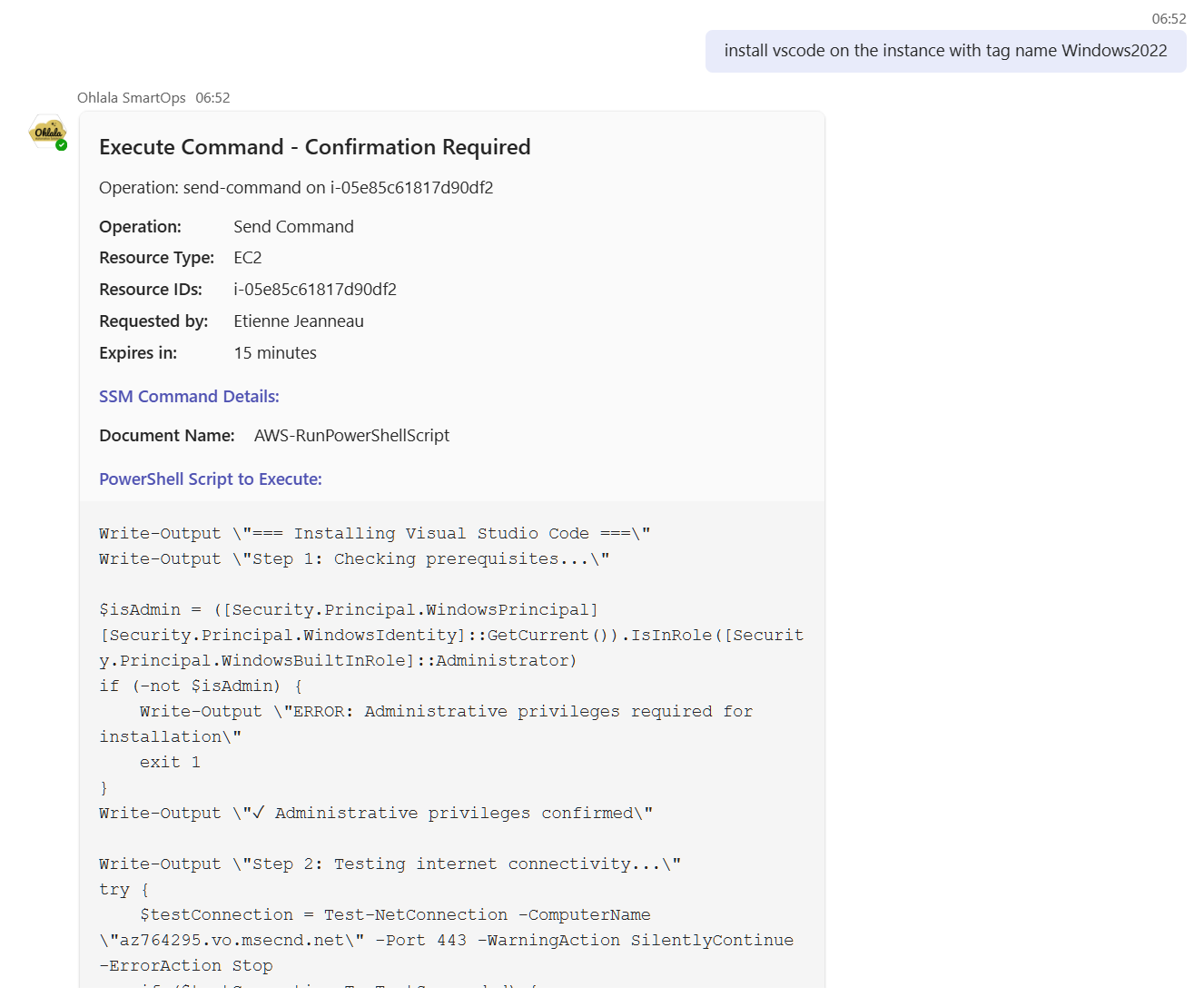 Ohlala SmartOps approval card in Microsoft Teams