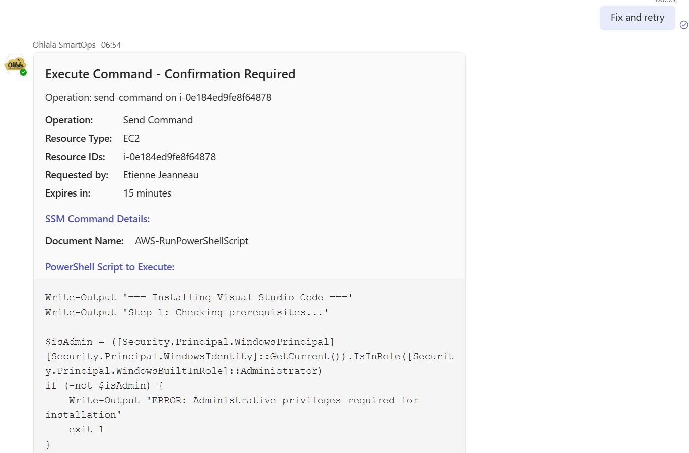 Second approval card with fixed script from Ohlala SmartOps