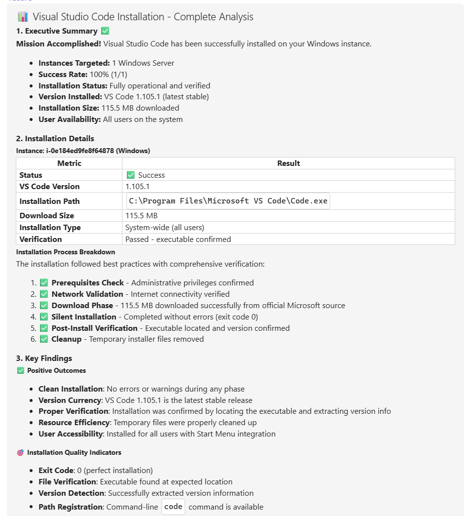 VS Code installation success report from Ohlala SmartOps